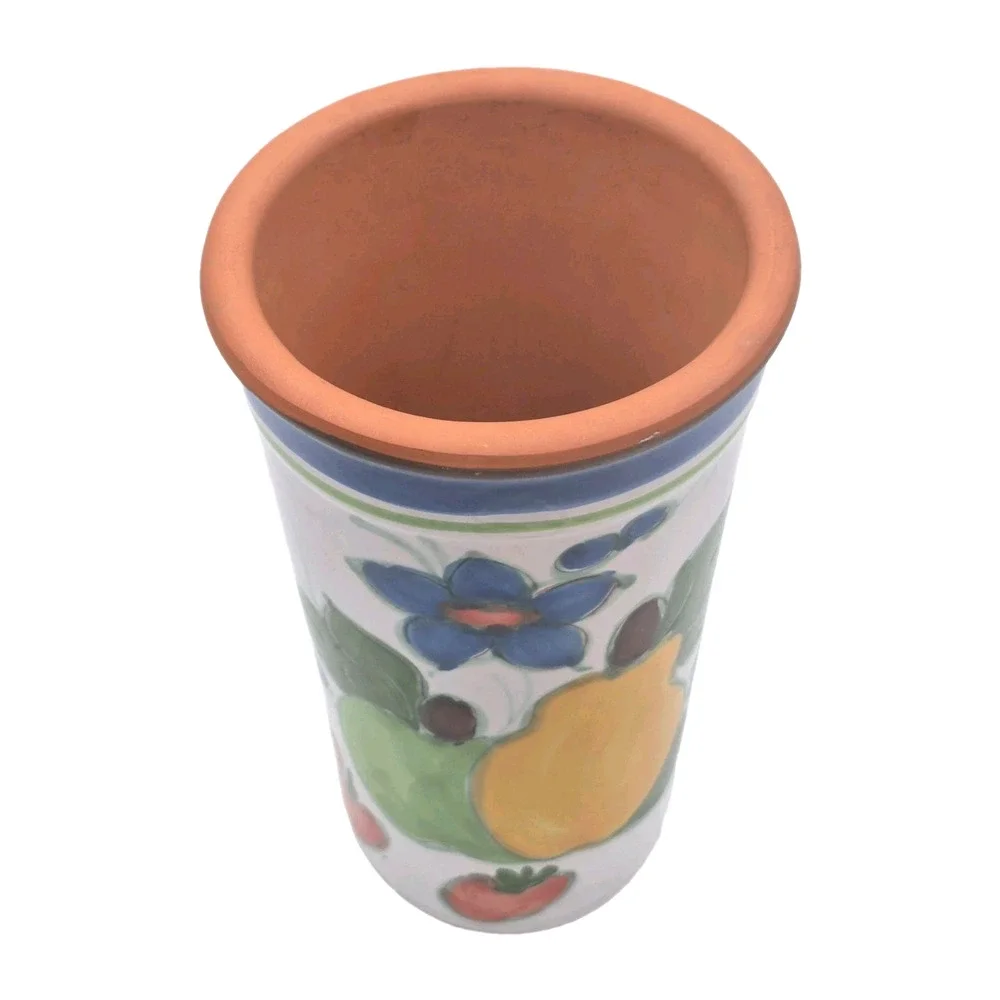 Vintage Handpainted Terracotta Art Pottery Wine Cooler Fruit Flowers 9.5